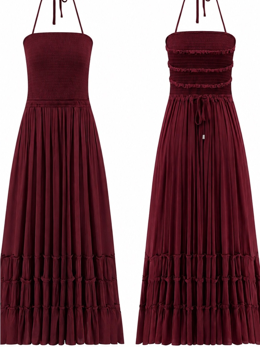 Smocked Halter Maxi Dress in Burgundy